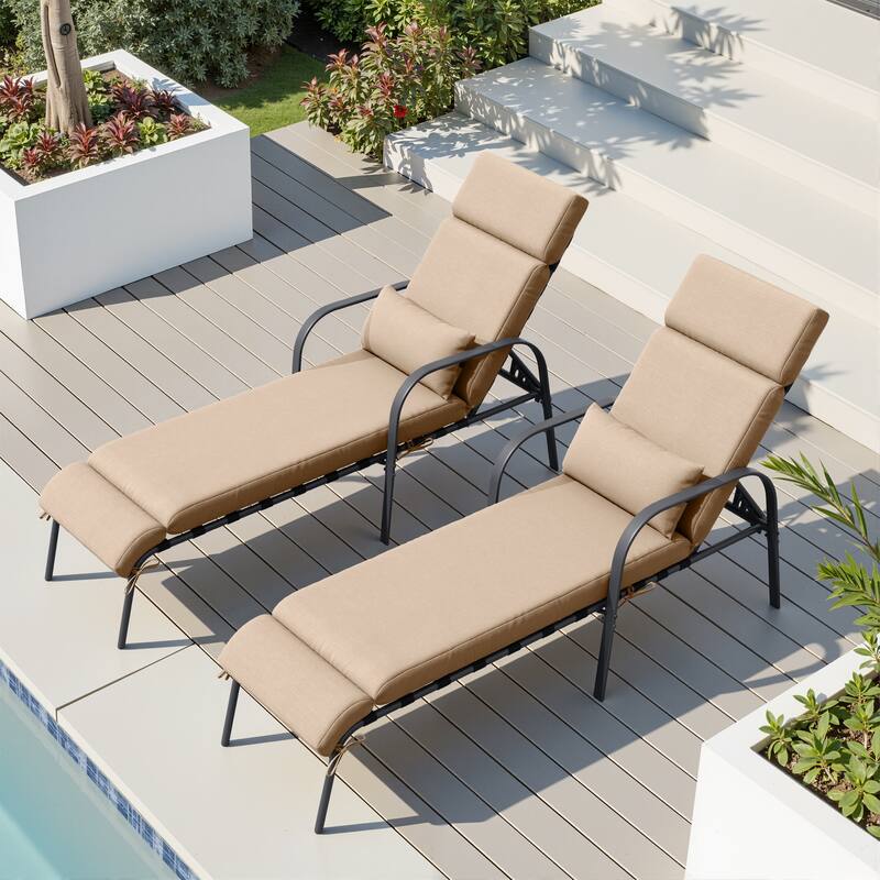 Outdoor Recliner Adjustable Chaise Lounge Chair with Cushion & Pillow - Tan - 2PC - New upgrade