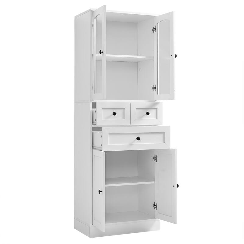 Adjustable Storage Cabinet with Above Glass Door Cabinet and Below Wooden Door Cabinet, Tall Bathroom Cabinet with 3 Drawers