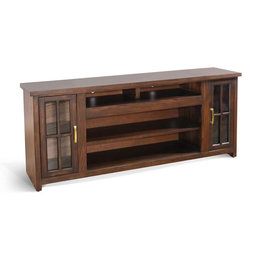 Leyla TV Stand Media Cabinet, 2 Glass Doors, Shelves, Brown Wood 76 Inch