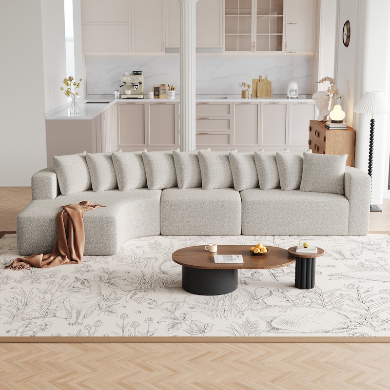 Chenille L-shaped Sectional Sofa with Curved Chaise Lounge and Piloows - Beige