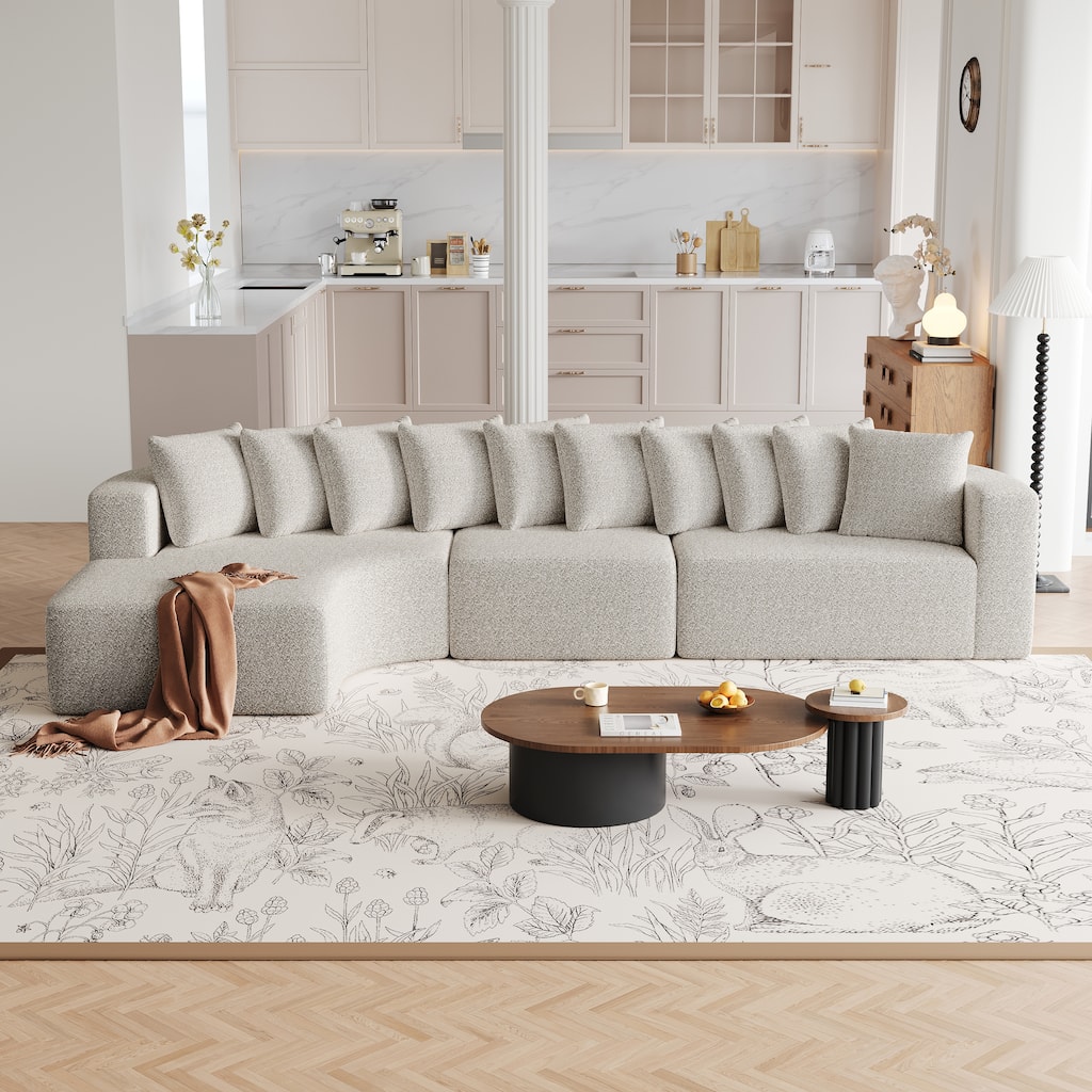 Chenille L-shaped Sectional Sofa with Curved Chaise Lounge and Piloows