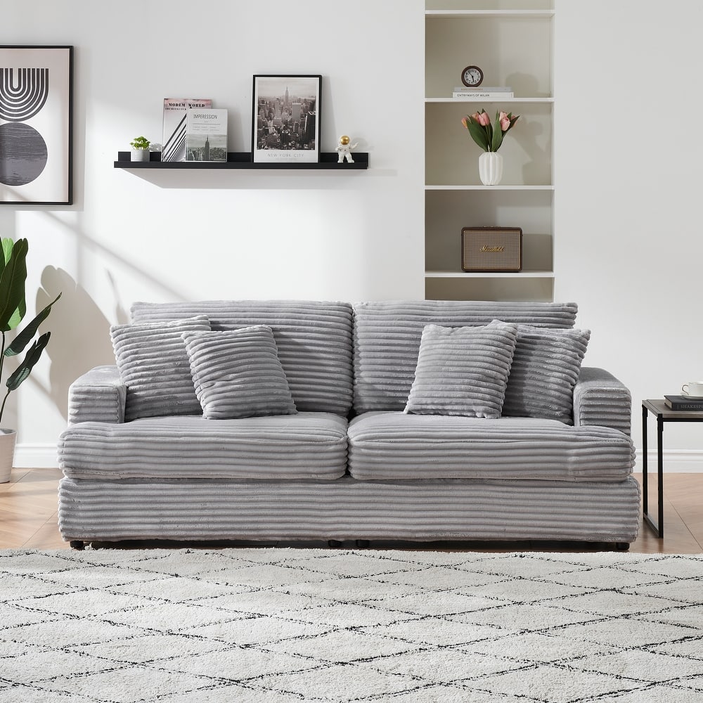 Modern Corduroy Upholstered Sofa Paired with 4 Throw Pillows