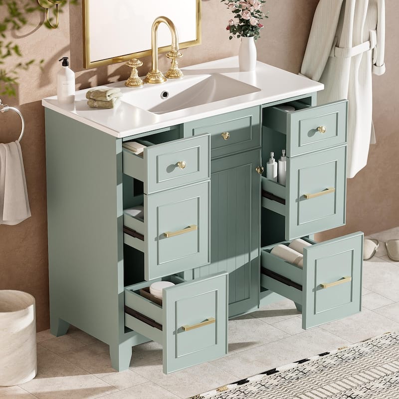 Bathroom Vanity with Sink, Bathroom Cabinet with Adjustable Shelf, Bathroom Storage Cabinet with 3 Drawers and 1 Door - Green