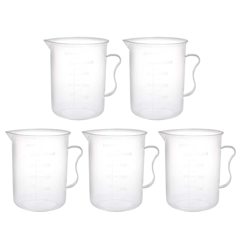 5pcs Laboratory Plastic Graduated 250mL Measure Cup Handled Beaker - Clear White