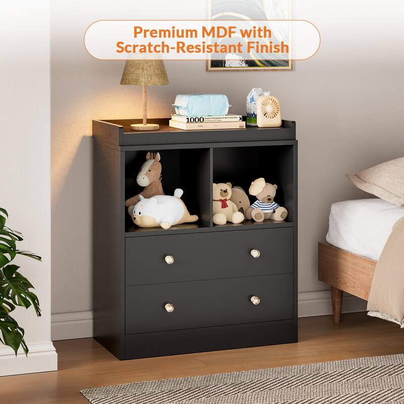 Changing Table With Pad, Modern Changing Station With 2 Drawers and 2 Open Compartments