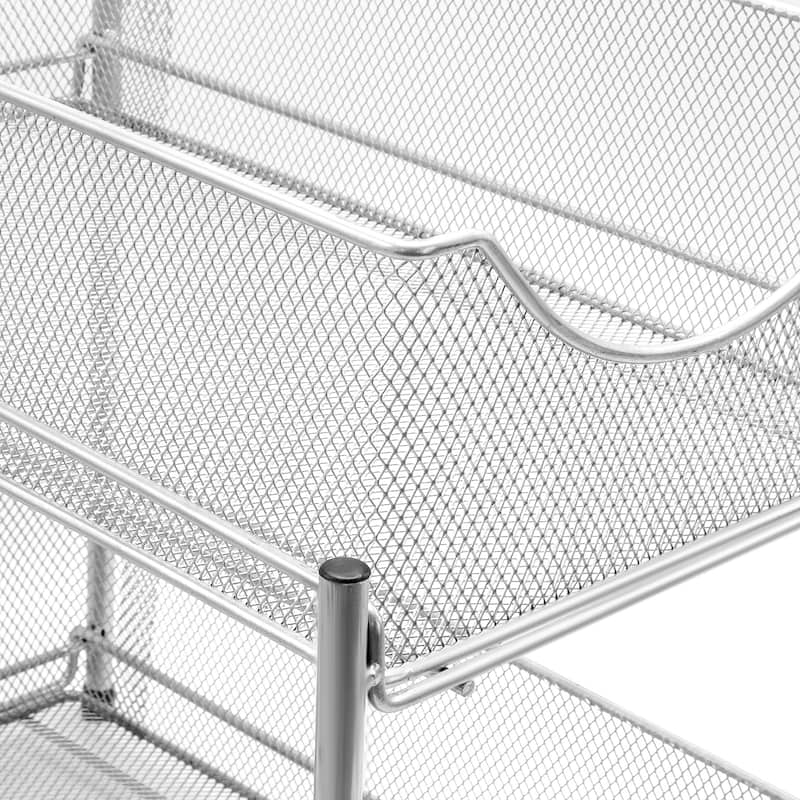 2 Tier Organizer Baskets with Mesh Sliding Made of Steel (Silver)