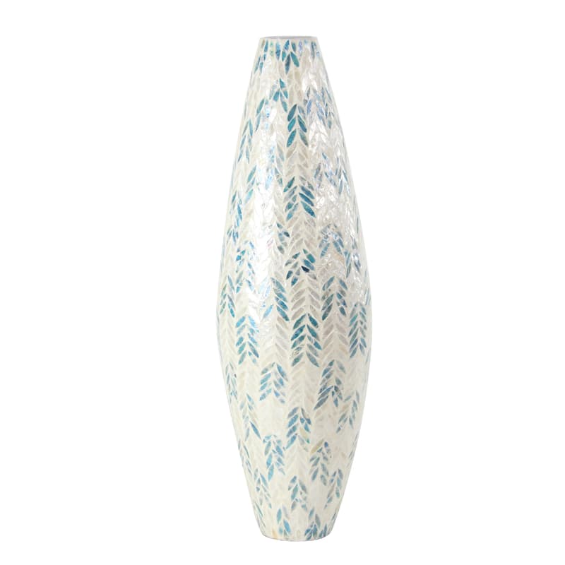 Mother of Pearl Shell Handmade Tall Mosaic Vase with Blue Accents - White - Roche River Decor - 10"W x 10"L x 33"H