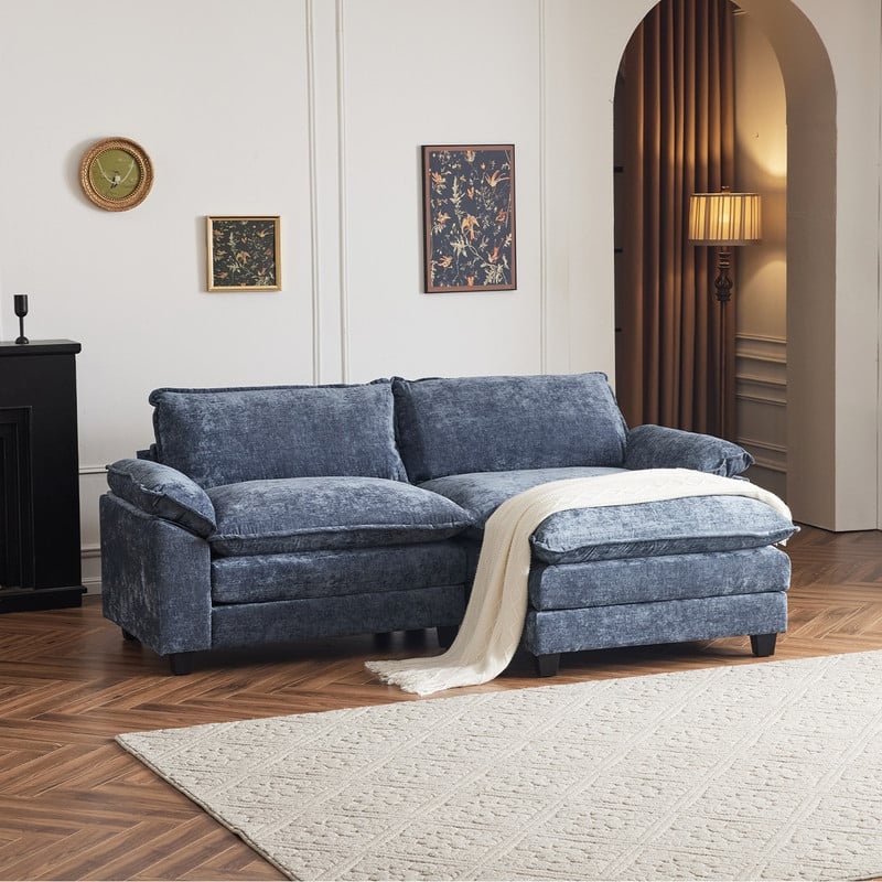 Full KD Double Cushion Chenille Sofa with Ottoman - 2-Seat 1 Ottoman - Blue