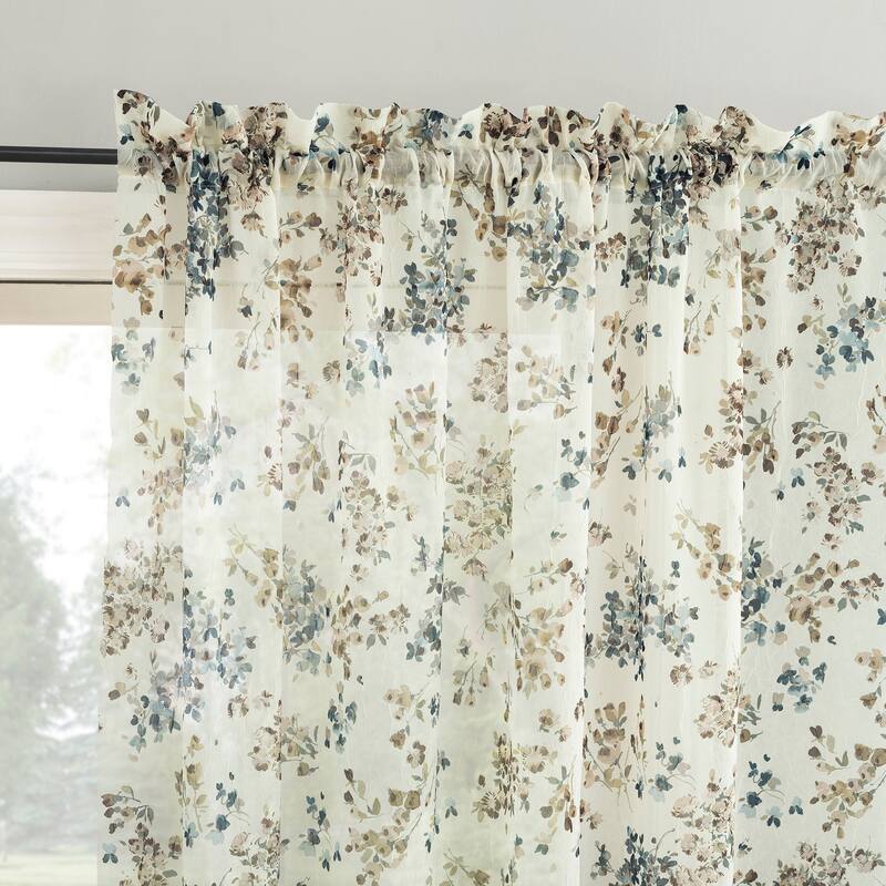 No. 918 Alethea Floral Print Crushed Voile Sheer Rod Pocket 1-Piece Curtain Panel, Single Panel - 51" x 63" - Antique