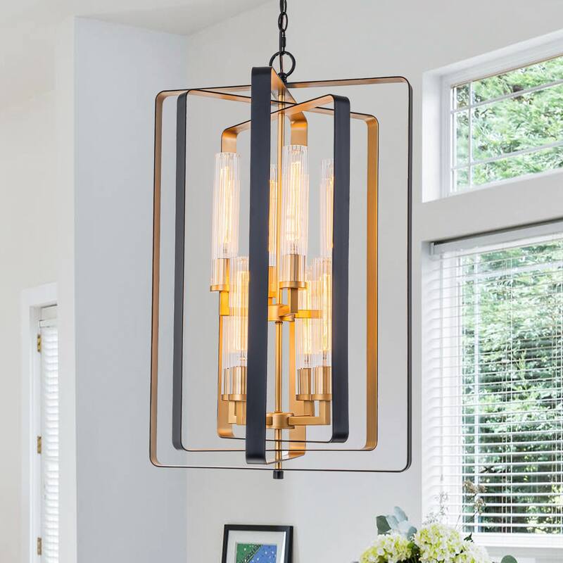 19.7" 8-Light Modern Black Gold Pendant Light with Ribbed Glass Tubes - Dia.19.5-in - Dia.19.5-in