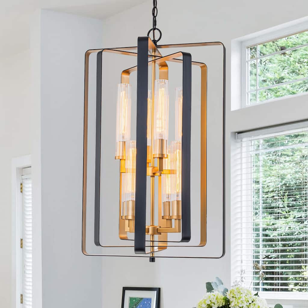 19.7" 8-Light Modern Black Gold Pendant Light with Ribbed Glass Tubes - Dia.19.5-in