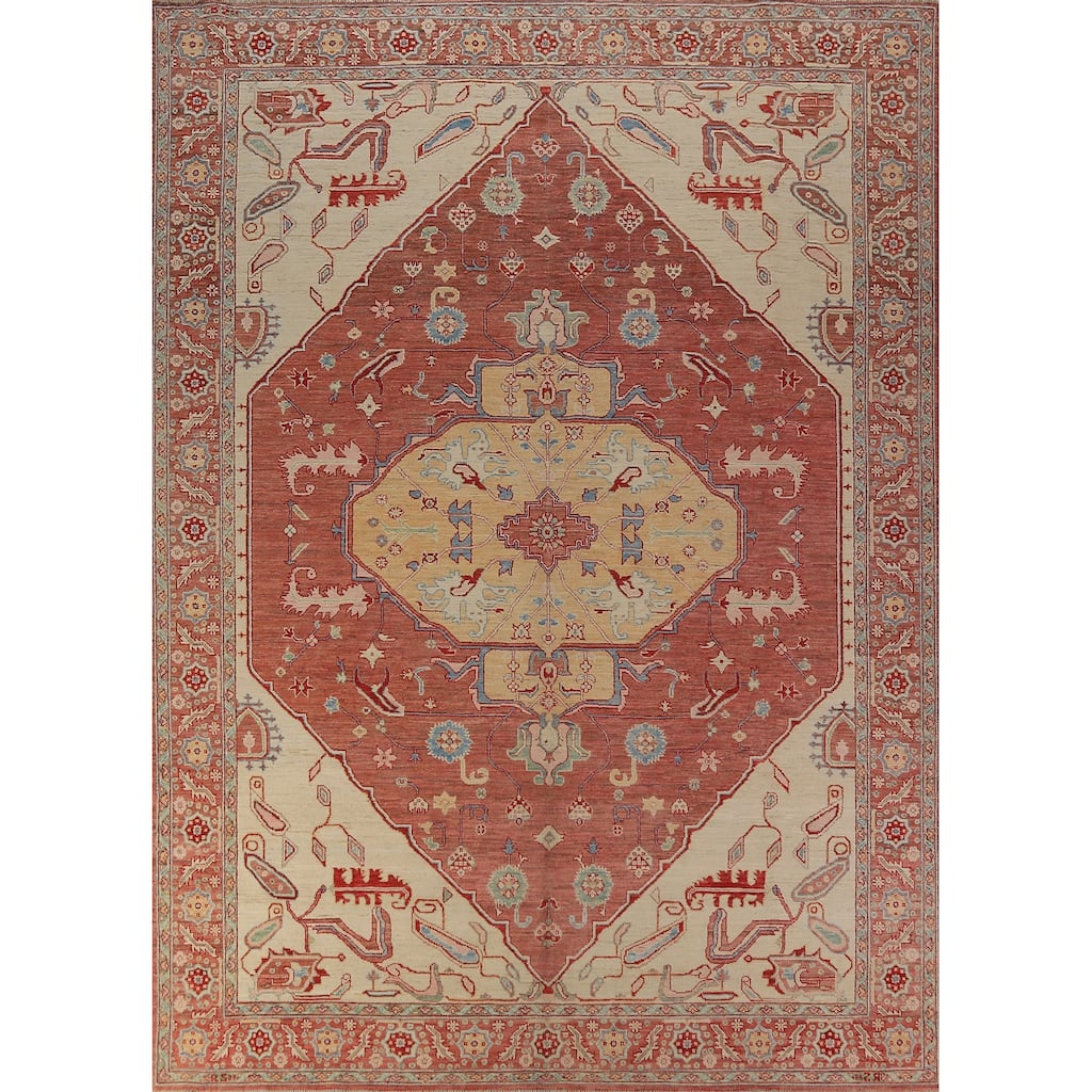 Orange Vegetable Dye Heriz Serapi Oriental Rug Handmade Wool Carpet - 8'10"x 11'9"