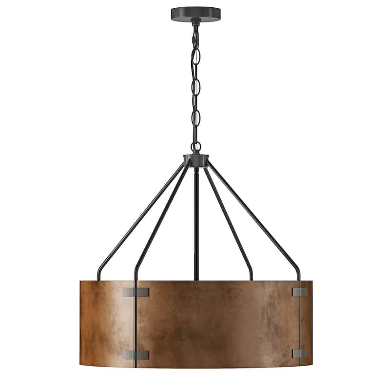 Vintage Matte Black 4-Light Metal Drum Pendant Light with Brown Lampshade