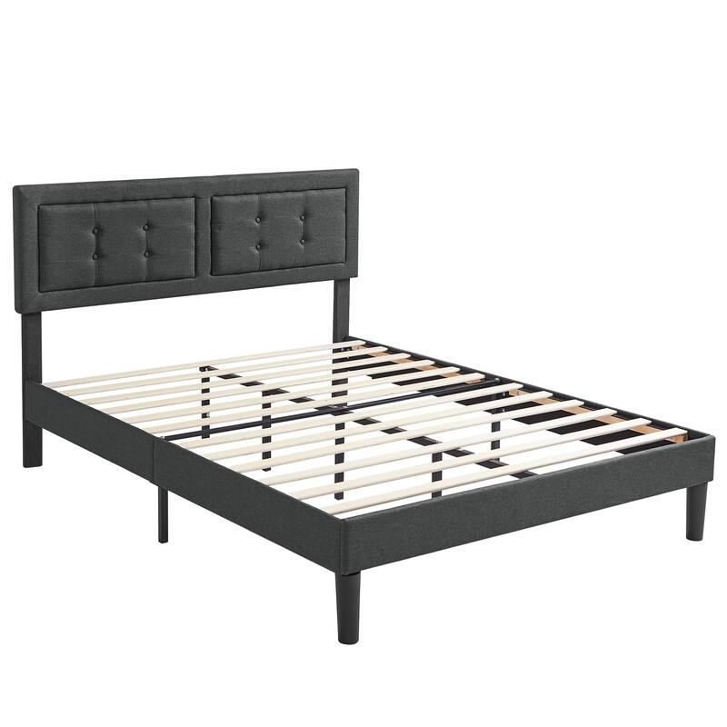 Strong Frame and Wooden Slats Support Bedframe，Platform Bed Frame with Linen Upholstered Headboard,Grey Bed Frames