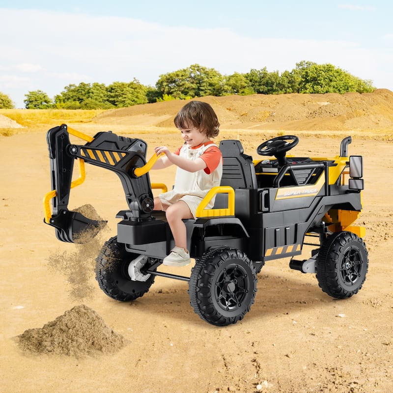 2-Seater Kids Ride-On Excavator Truck with Remote Control LED Lights, Music and Safe Design - 62" x 30.5" x 30.5" (L x W x H)