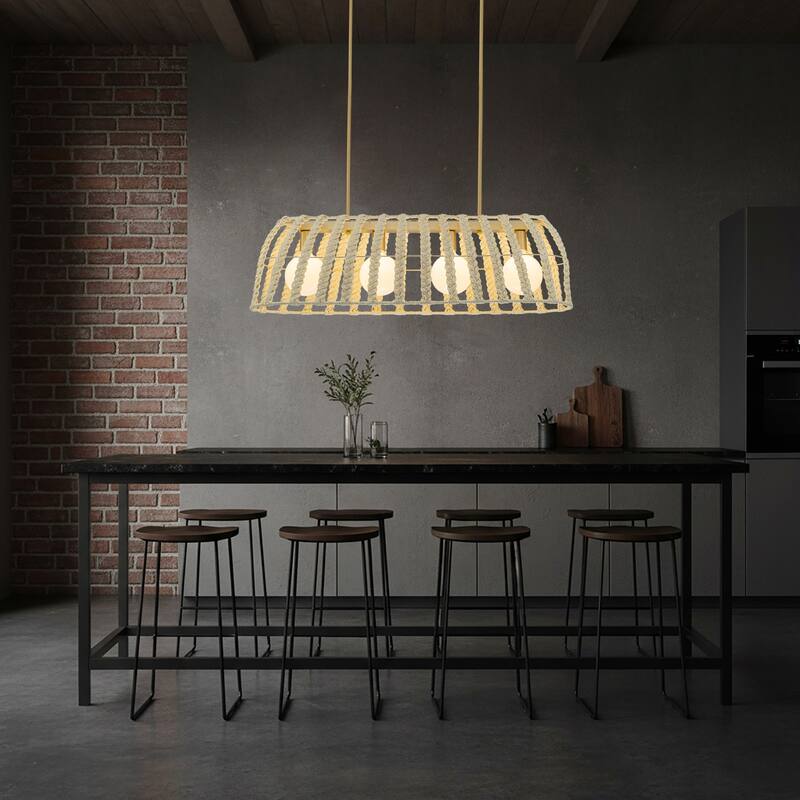 Roka 4-Light Rattan Linear Pendant, Coastal Boho - Handwoven - 38" Wide