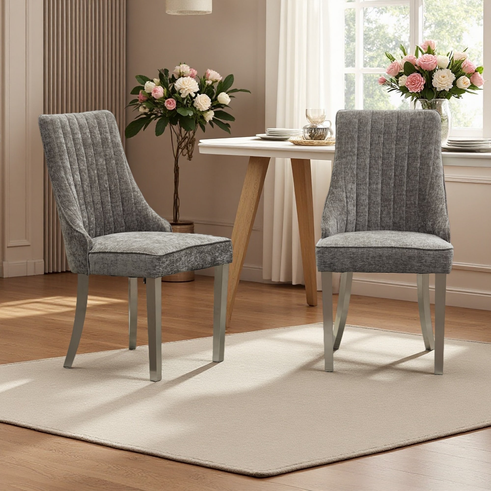 37.5"H Set of 2 Chenille Upholstered Dining Chairs with Stainless Steel Legs & Triple Cushion Design