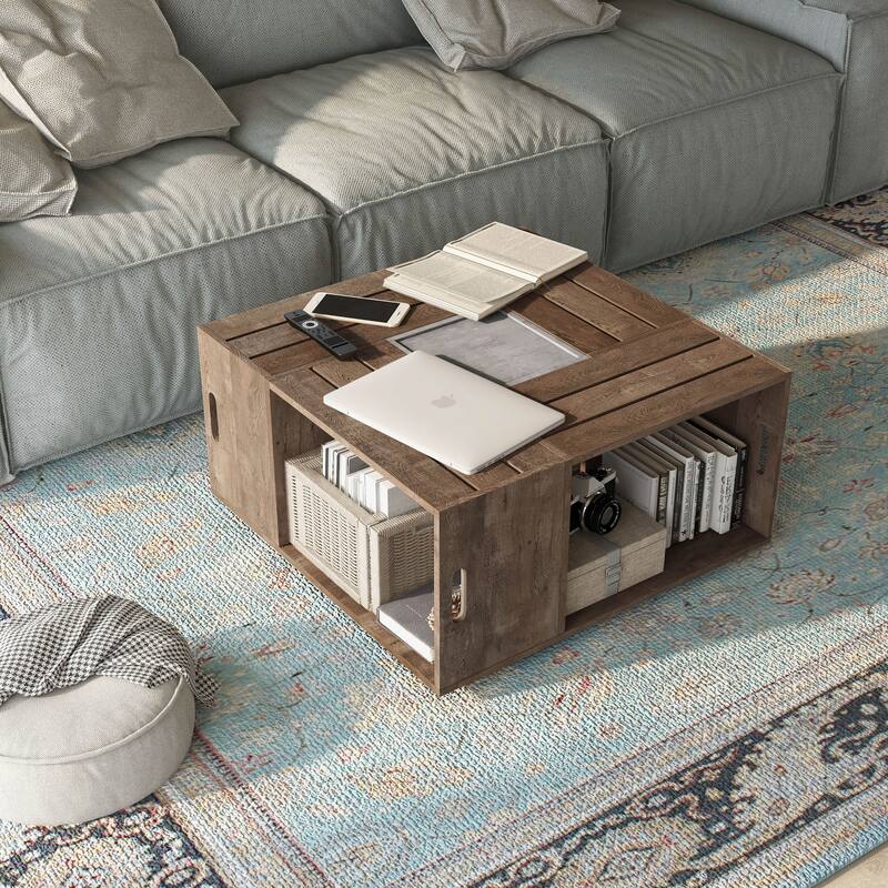 DH BASIC Rustic Oak 32-inch Open Shelf Mobile Coffee Table by Denhour