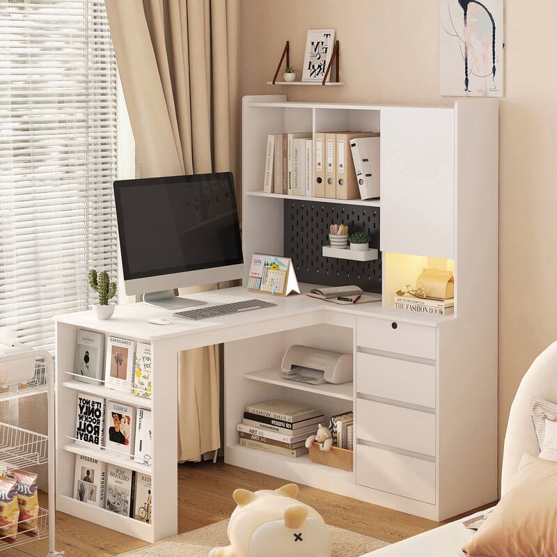 L Shaped Desk with Charger,Computer Desk with Drawers,Bookshelf, with LED Light,Modern Corner Desk,Home Office Desk - White