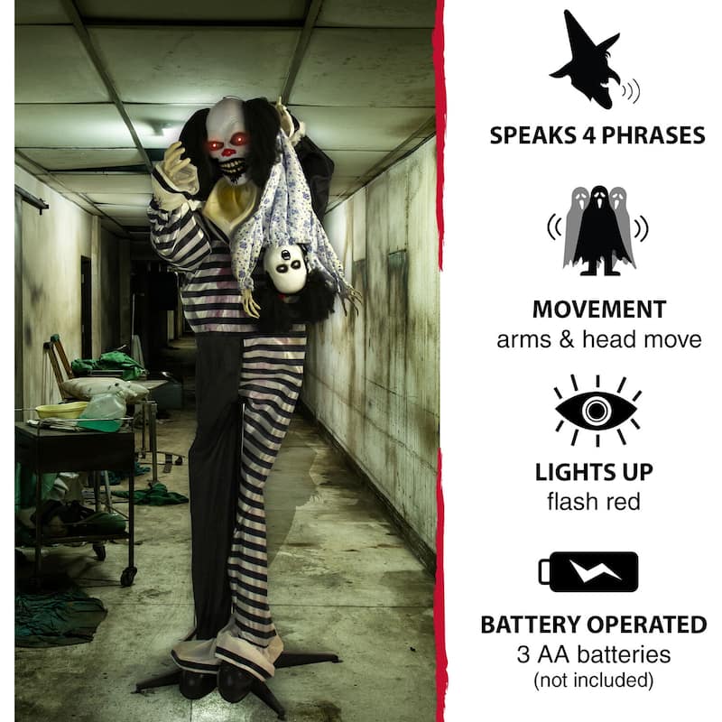 Life-Size Animatronic Talking Clown with Doll with Lights and Sound, Indoor or Covered Outdoor Halloween Decoration