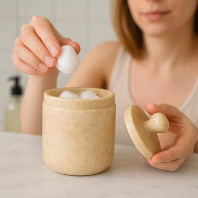 Creative Home Notch Collection Champagne Marble Cotton Ball Swab Holder, Bathroom Storage Jar - Beige