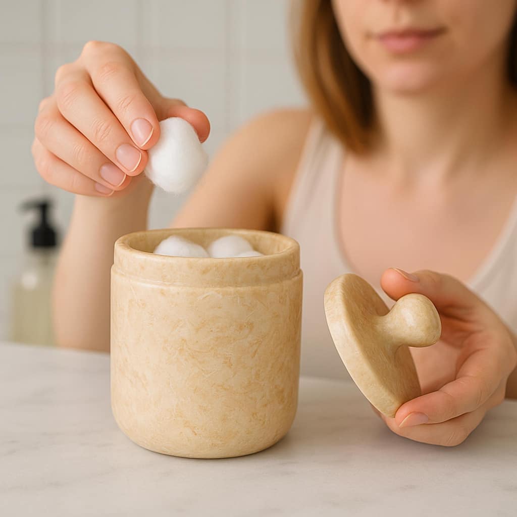 Creative Home Notch Collection Champagne Marble Cotton Ball Swab Holder, Bathroom Storage Jar - Beige