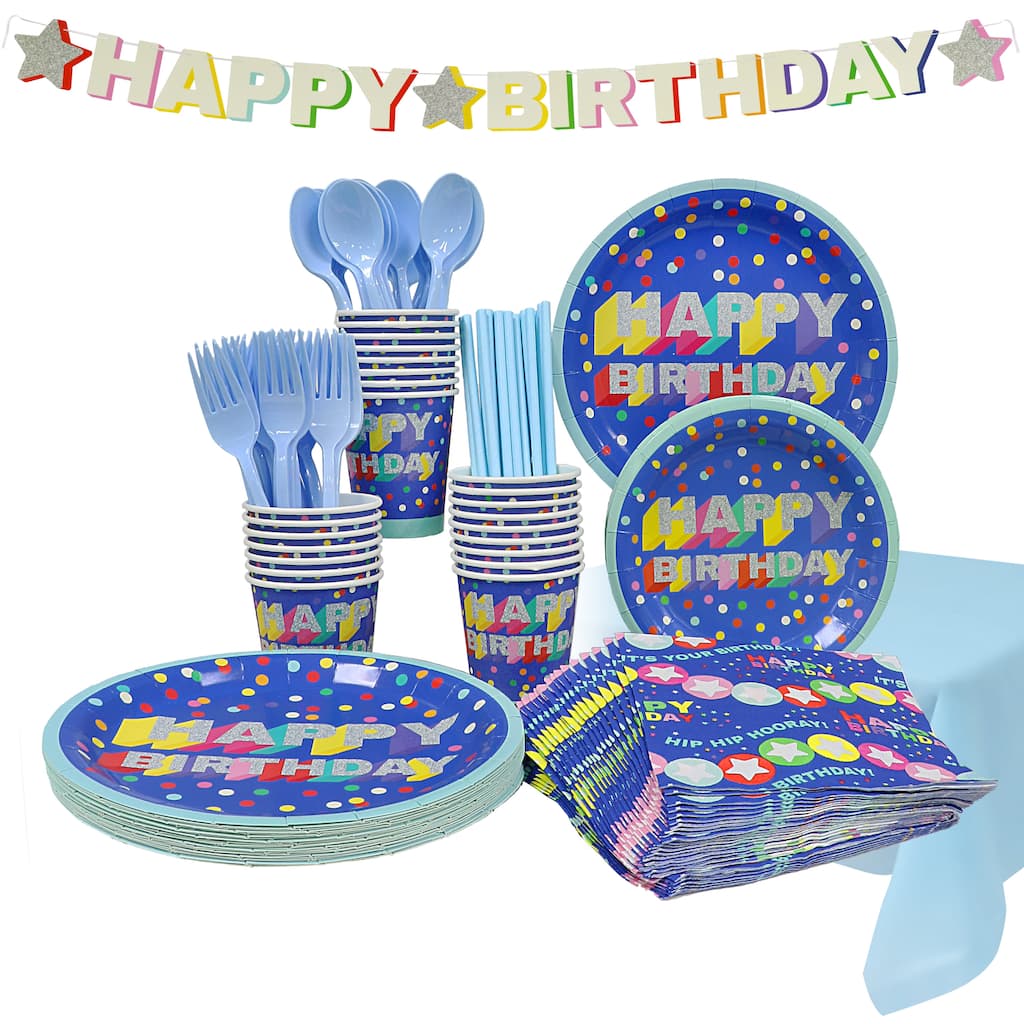 Puleo 171 PC. Disposable Birthday Set, Serves 24 with Small and Large Plates, Napkins, Cups, Utensils, Straws, Tablecloth/Banner