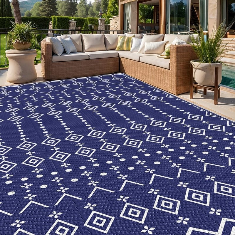 8' x 10' Reversible Outdoor Rug – Waterproof Plastic Straw Mat Blue