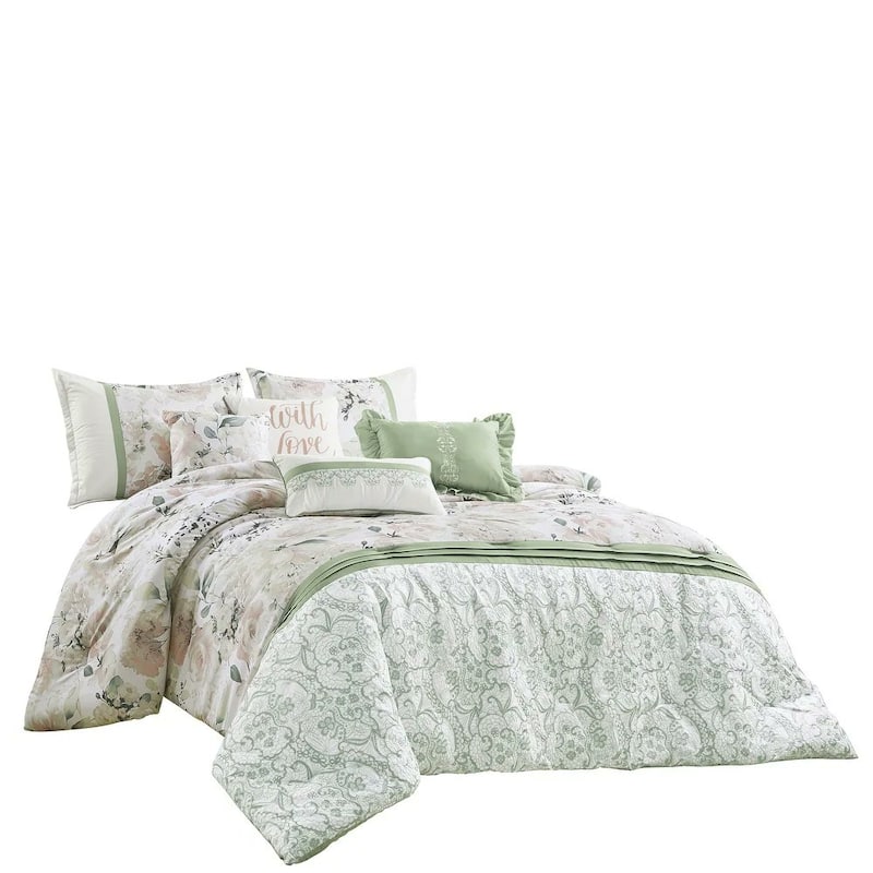 7 Piece White & Green Floral Comforter Set Embroidery Soft Bedding
