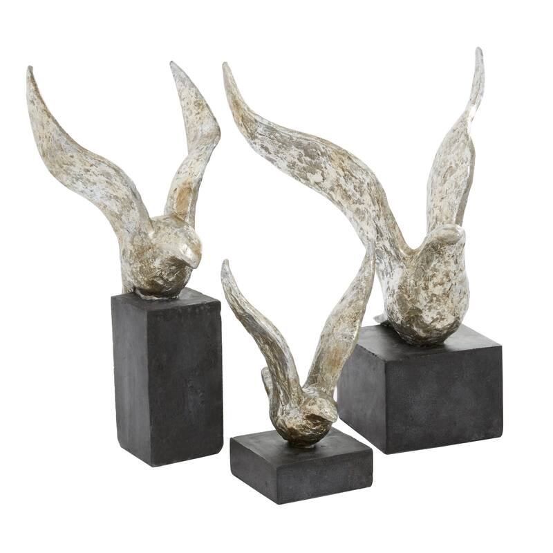 Silver Polystone Handmade Bird Decorative Sculpture (Set of 3) - S/3 14", 9", 14"H