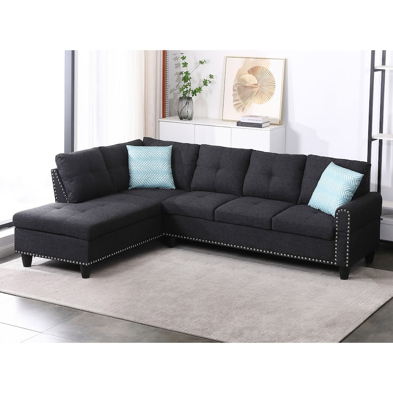 Modern Built-in Cup-holders Console Linen Sectional Sofa with 2 Pillows