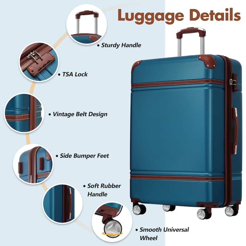 3-Piece, 28-Inch Vintage Hard-Shell Luggage Lightweight Luggage with Swivel Wheels and TSA Lock, for Boarding Travel, Blue