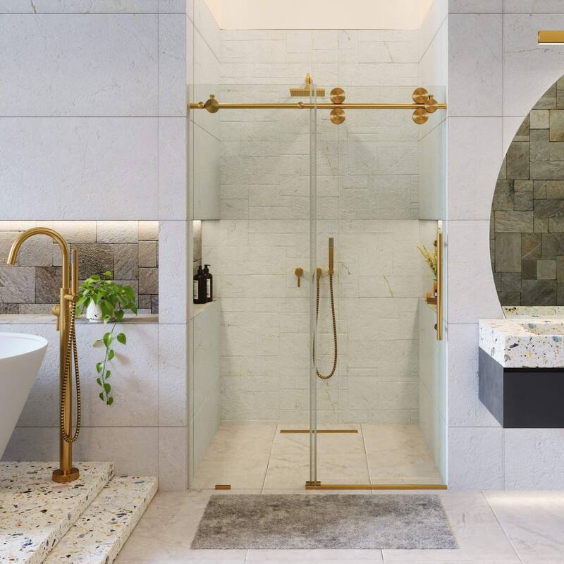 Fine Fixtures Frameless Clear Sliding Bathroom Shower Door - 60" x 75" - Single - Satin Brass