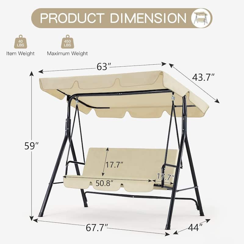 3-Seat Patio Swing Chair, Outdoor Porch Swing Glider