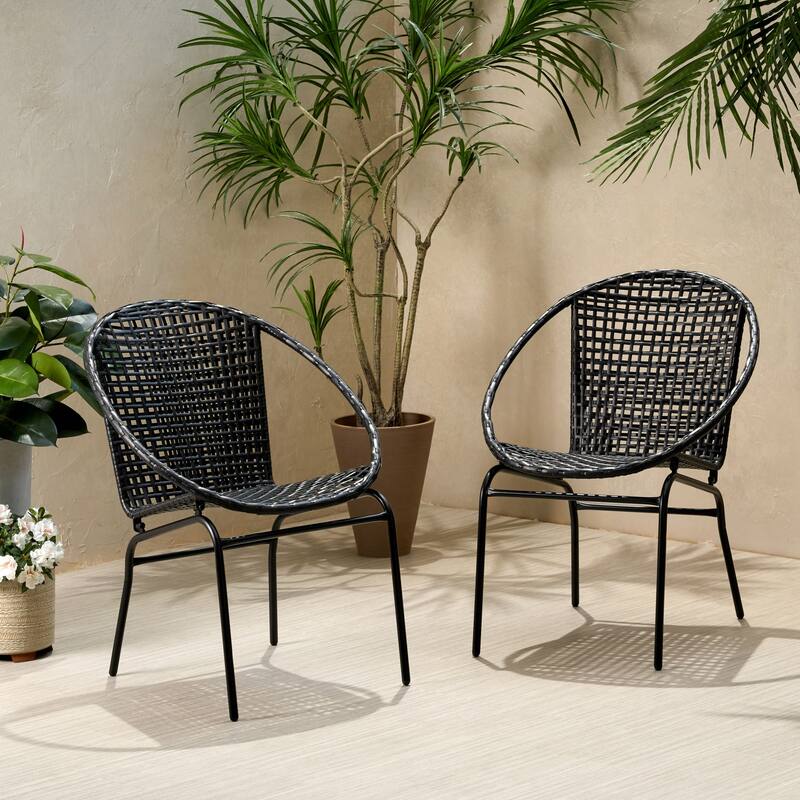Roomfitters 3 Piece Outdoor PE Wicker Patio Chat Set with Club Chairs and Table, Modern Black - Black