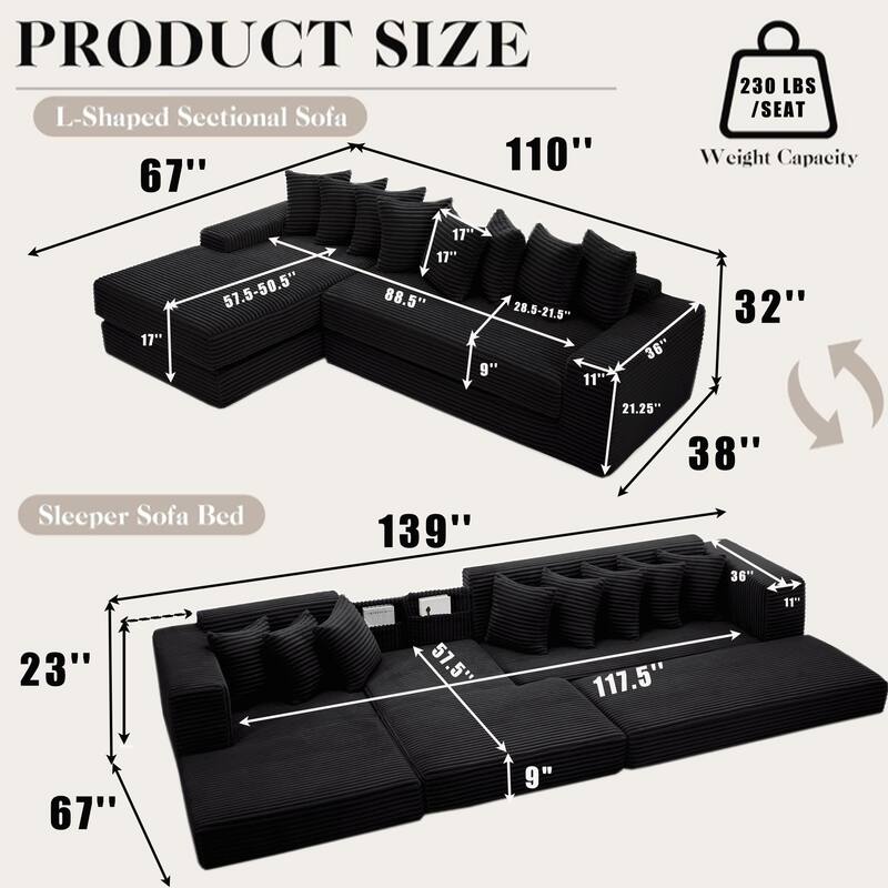 Floor Sleeper Sofa Bed Convertible L-shaped Modular Sectional Couch with Chaise, Corduroy Compression Sofa with Side Pockets