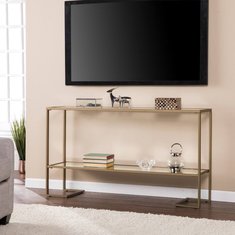 Clear Glass Gold Metal Console Table and Rectangular Sled Base with Shelves - 52” L x 12” W x 29” H
