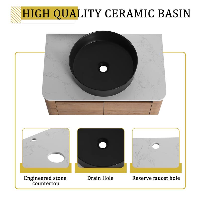 30'' Wall-Mounted Bathroom Vanity With Ceramic Art Sink & 2-Soft-Close Door, KD-Packing, Plywood