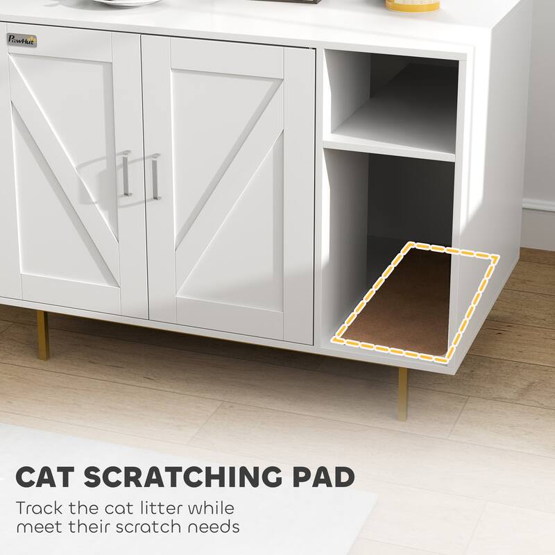 PawHut Cat Litter Box Enclosure, Kitty Litter Box Furniture with Scratching Pad, Storage, White