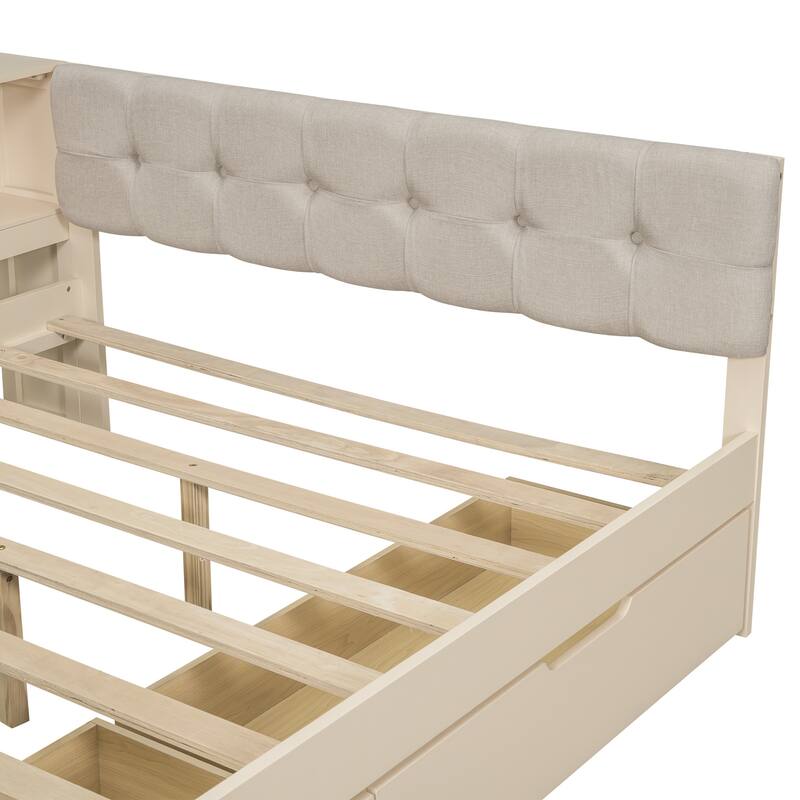 Wood Twin&Full Size Platform Bed with Storage Shelves, Drawers, Charging Station and Upholstered Headboard