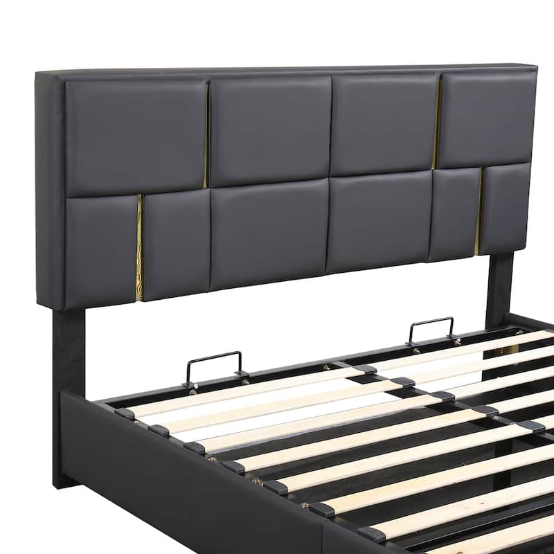Elegant Queen Size Upholstered Platform Bed with Storage Ottoman and Hydraulic Lift