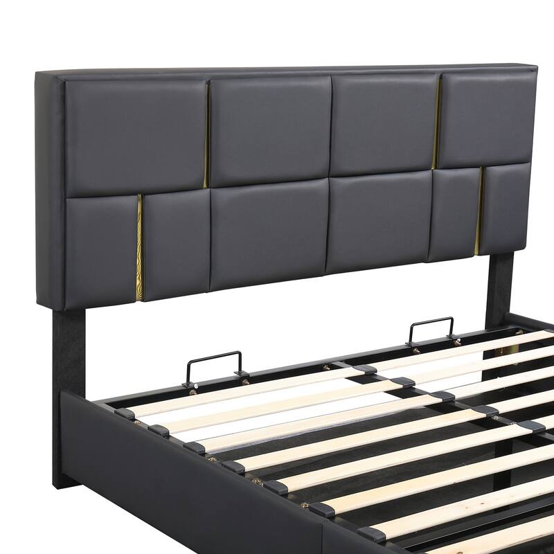 Queen Size Hydraulic Storage Platform Bed with Rectangular Pattern Headboard & Storage Underneath, Noise Free Bed Frame
