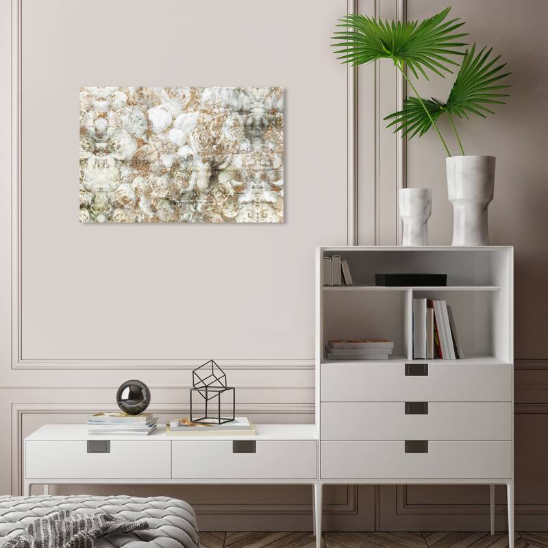 Wynwood Studio Canvas Floral and Botanical Golden White Roses Gold and Metallic Gold Traditional Wall Art Canvas Print - 16 x 24