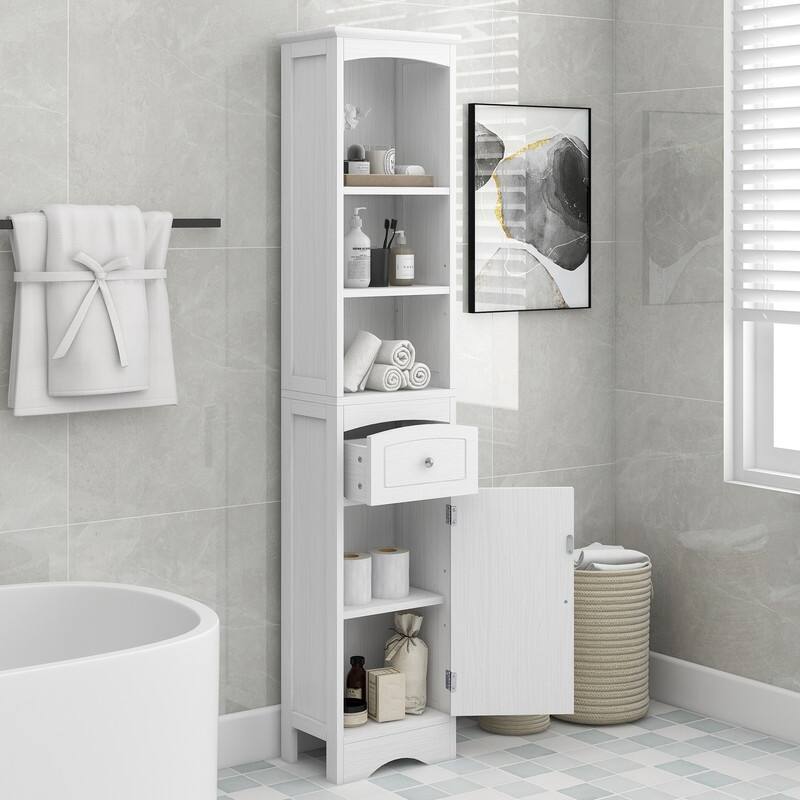 67" Tall Bathroom Organizers and Cabinet, Freestanding Storage Cabinet with Drawer, Door and Adjustable Shelves