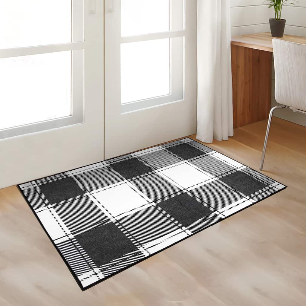 My Magic Carpet Machine Washable Area Rug Buffalo Plaid Black & White