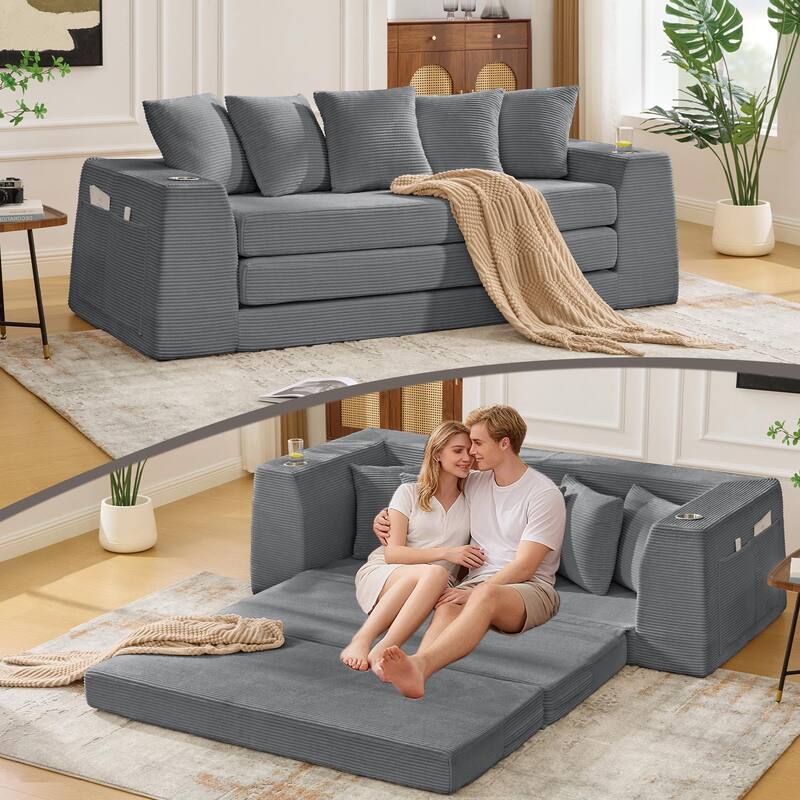 2 in 1 Convertible Sofa Bed, Sleeper Sofa with Storage Pockets, Pull Out Loveseat Couch with Two Cup Holders