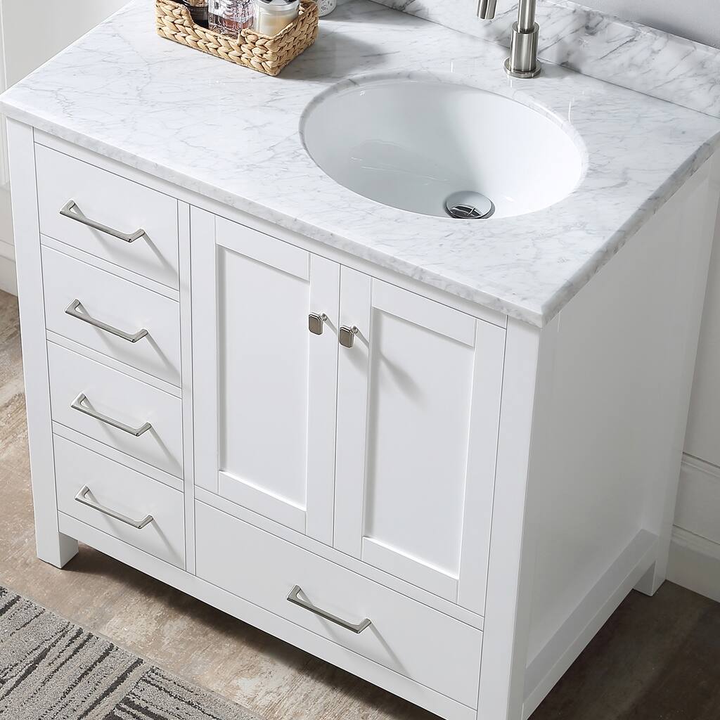 BATHLET 36 inch White Bathroom Vanity Set with Marble Top, Right Sink