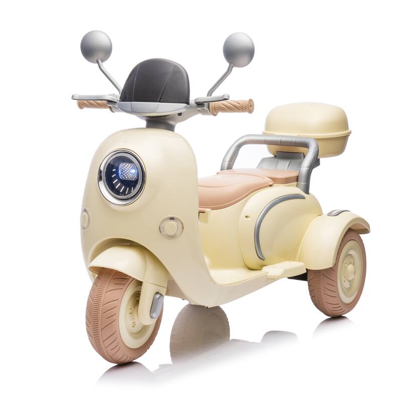 12V Ride-On Two-Seater Motorcycle for Kids, Three-Wheel Design, USB, Bluetooth, Adult Seat Flip, and Storage for Ages 3-6.