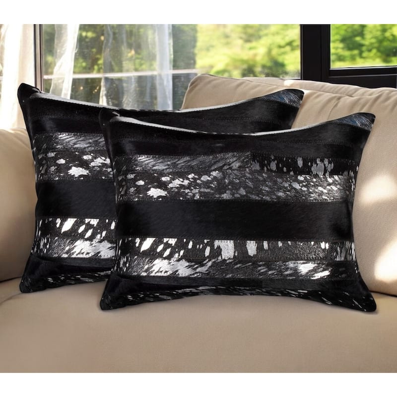 Set of Two 12" X 20" Black and Silver Striped Cowhide Lumbar Throw Pillows with Glitter - Set of 2 - Specialty