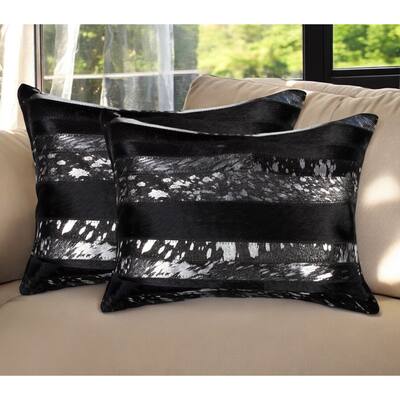 Set of Two 12" X 20" Black and Silver Striped Cowhide Lumbar Throw Pillows with Glitter